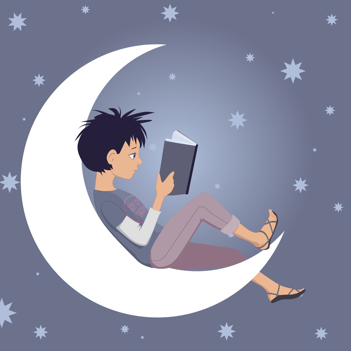 Little kid reading sitting on the Moon