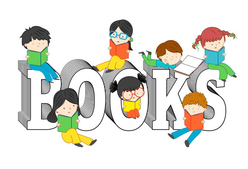 Children and kids reading and sitting on books text vector illustration isolated on white background Una nación de lectores